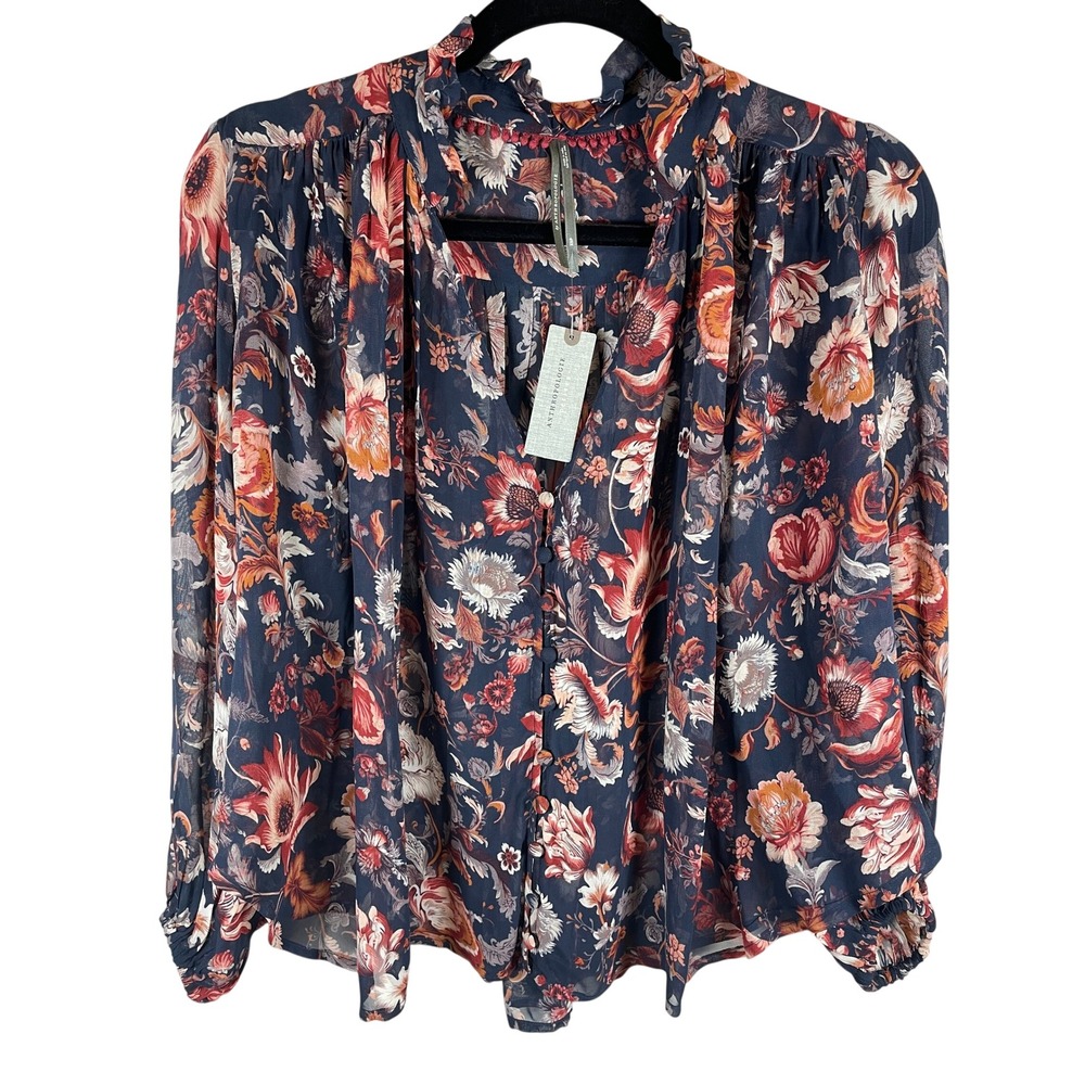 Anthropologie Petites Floral Ruffle Neck Blouse XS Navy Boho NWT